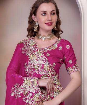 Rani pink sequin embroidered, cut work jimmy choo bollywood saree with blouse 5
