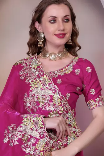 Rani pink sequin embroidered, cut work jimmy choo bollywood saree with blouse