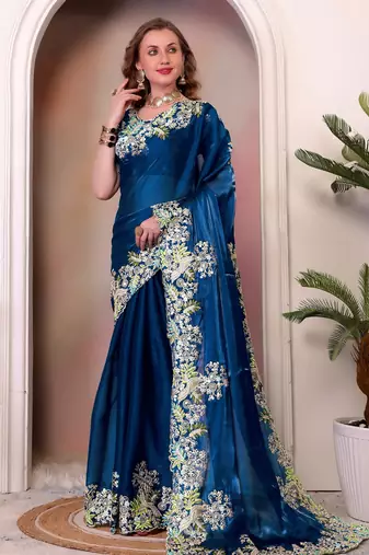 Teal blue sequin embroidered, cut work jimmy choo bollywood saree with blouse