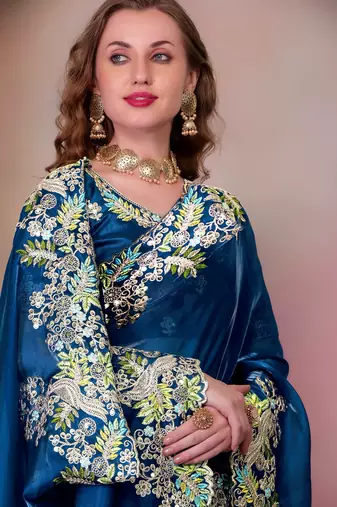 Teal blue sequin embroidered, cut work jimmy choo bollywood saree with blouse