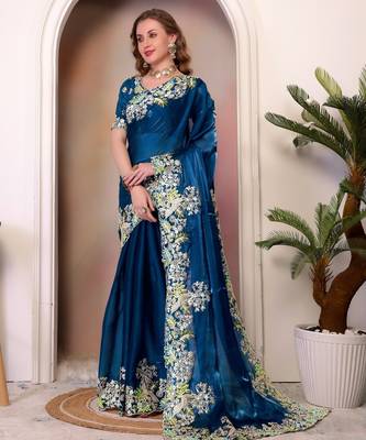 Teal blue sequin embroidered, cut work jimmy choo bollywood saree with blouse 5