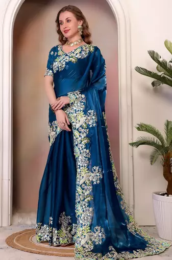 Teal blue sequin embroidered, cut work jimmy choo bollywood saree with blouse