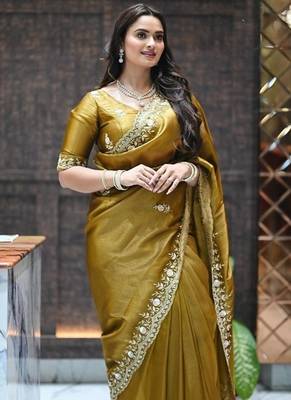 Mustard sequin embroidered, cut work satin silk bollywood saree with blouse 5