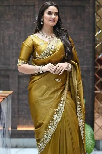 Mustard sequin embroidered, cut work satin silk bollywood saree with blouse