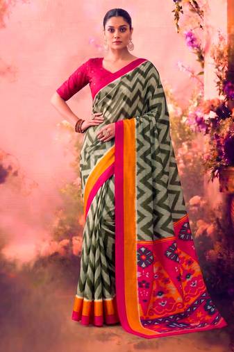 Tasar silk printed saree with contrast geometric border and designer pallu