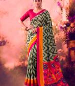 Tasar silk printed saree with contrast geometric border and designer pallu