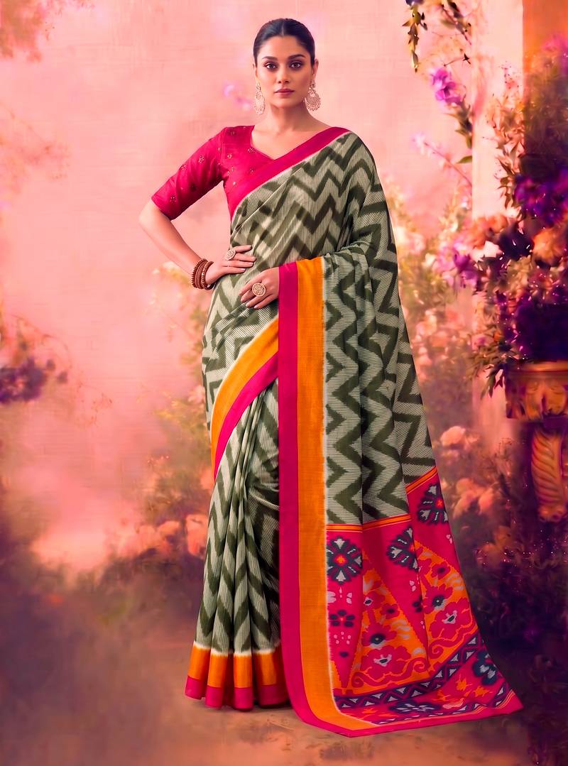 Tasar silk printed saree with contrast geometric border and designer pallu