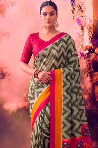 Tasar silk printed saree with contrast geometric border and designer pallu