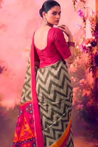 Tasar silk printed saree with contrast geometric border and designer pallu