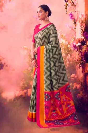 Tasar silk printed saree with contrast geometric border and designer pallu
