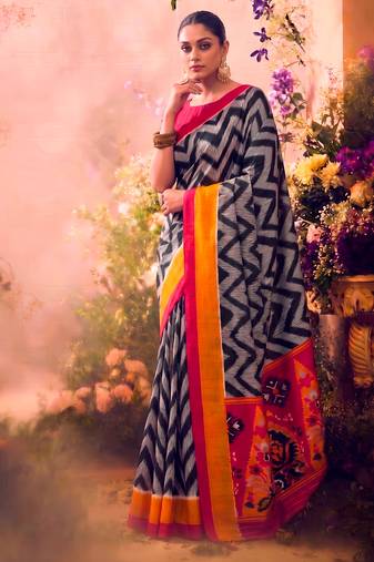 Tasar silk printed saree with contrast geometric border and designer pallu