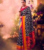 Tasar silk printed saree with contrast geometric border and designer pallu