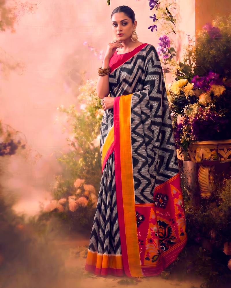 Tasar silk printed saree with contrast geometric border and designer pallu