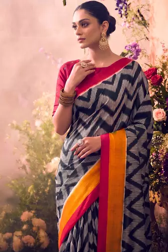 Tasar silk printed saree with contrast geometric border and designer pallu