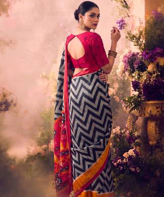 Tasar silk printed saree with contrast geometric border and designer pallu 3