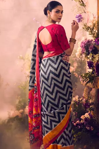 Tasar silk printed saree with contrast geometric border and designer pallu