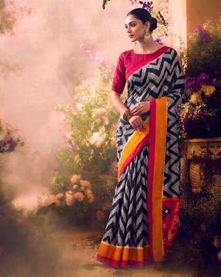 Tasar silk printed saree with contrast geometric border and designer pallu 4