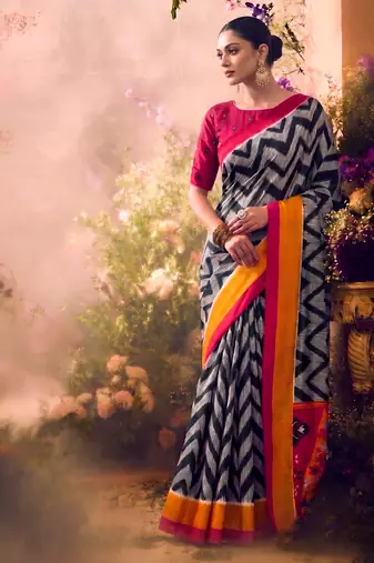 Tasar silk printed saree with contrast geometric border and designer pallu