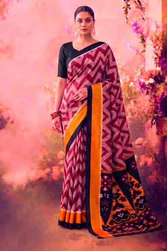 Tasar silk printed saree with contrast geometric border and designer pallu