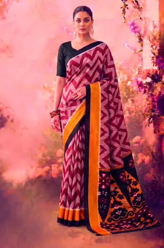 Tasar silk printed saree with contrast geometric border and designer pallu
