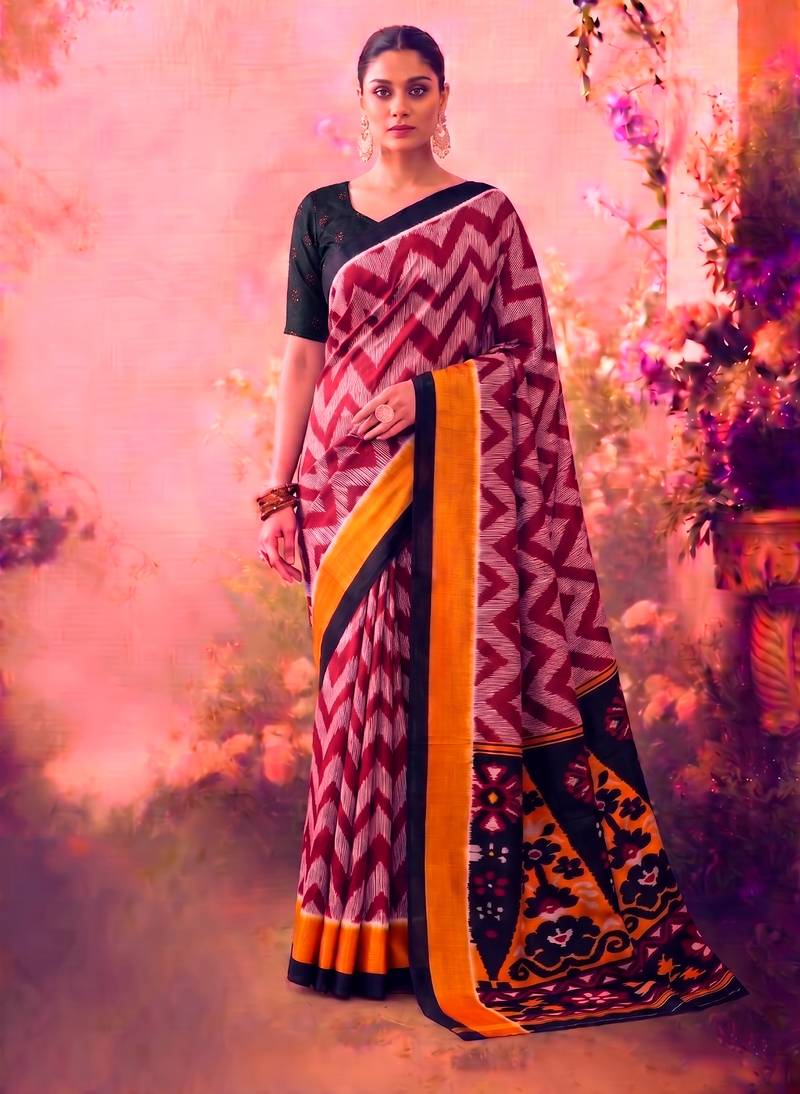 Tasar silk printed saree with contrast geometric border and designer pallu