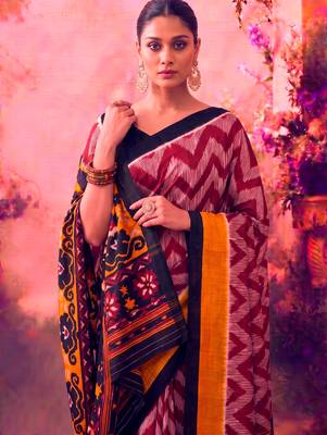 Tasar silk printed saree with contrast geometric border and designer pallu 2