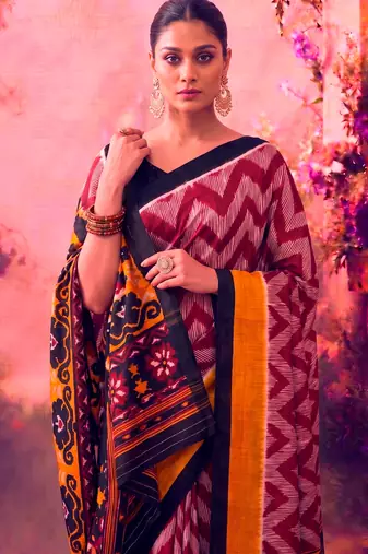 Tasar silk printed saree with contrast geometric border and designer pallu