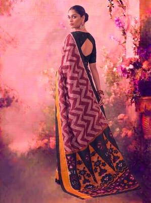 Tasar silk printed saree with contrast geometric border and designer pallu 3