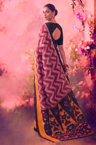 Tasar silk printed saree with contrast geometric border and designer pallu