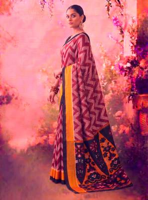 Tasar silk printed saree with contrast geometric border and designer pallu 4