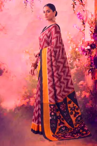 Tasar silk printed saree with contrast geometric border and designer pallu