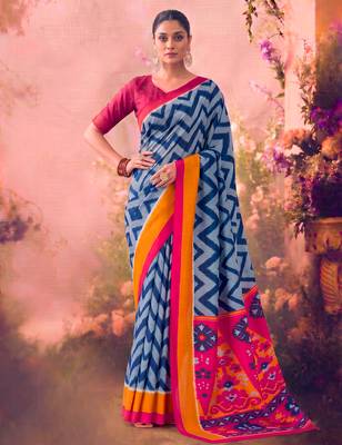 Tasar silk printed saree with contrast geometric border and designer pallu 1