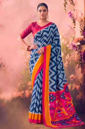 Tasar silk printed saree with contrast geometric border and designer pallu