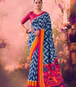 Tasar silk printed saree with contrast geometric border and designer pallu