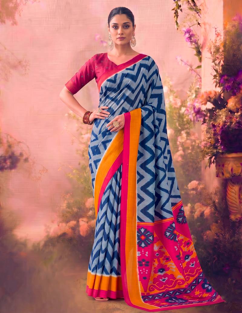 Tasar silk printed saree with contrast geometric border and designer pallu