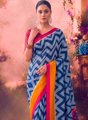 Tasar silk printed saree with contrast geometric border and designer pallu 2