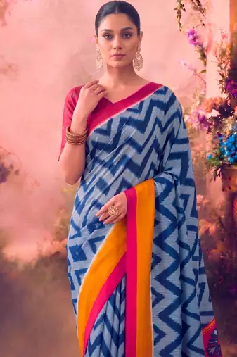 Tasar silk printed saree with contrast geometric border and designer pallu