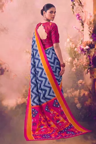 Tasar silk printed saree with contrast geometric border and designer pallu