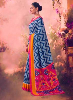 Tasar silk printed saree with contrast geometric border and designer pallu 4