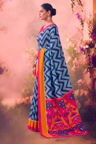 Tasar silk printed saree with contrast geometric border and designer pallu
