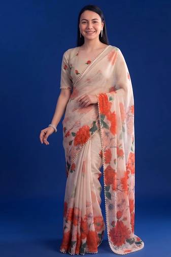 Women's floral printed weightless marbal saree