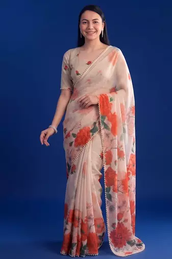 Women's floral printed weightless marbal saree