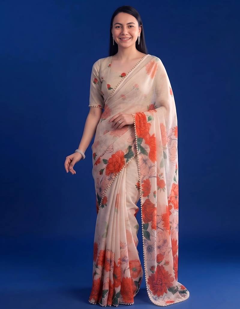 Women's floral printed weightless marbal saree