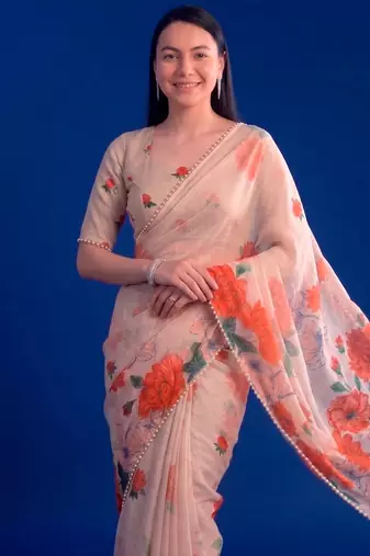 Women's floral printed weightless marbal saree