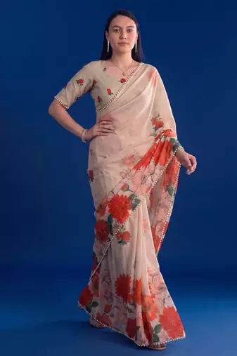 Women's floral printed weightless marbal saree
