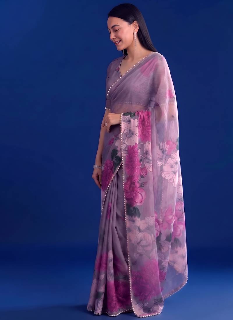 Women's floral printed weightless marbal saree