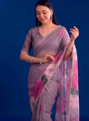 Women's floral printed weightless marbal saree 2
