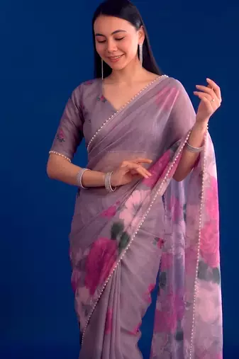 Women's floral printed weightless marbal saree