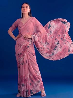 Women's floral printed weightless marbal saree 1