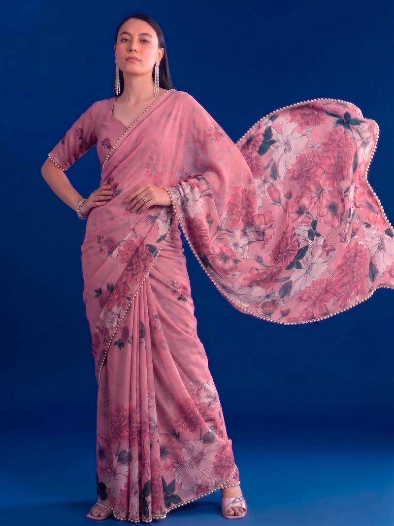 Women's floral printed weightless marbal saree